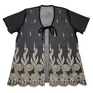 Open Cardigan Womens Large Black Floral Sheer Mesh Boho Lightweight Whimsigoth